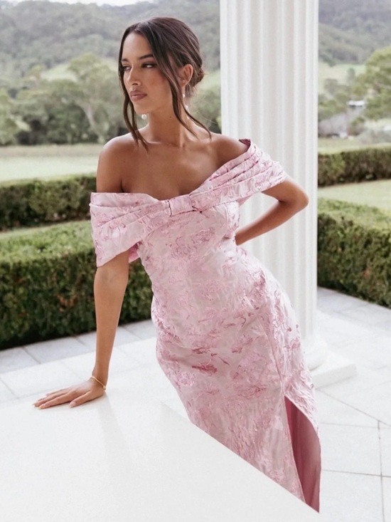 Petal & Pup Dresses & Skirts - Petal and Pup NWT Elegant Off-Shoulder Pink Jacquard Dress